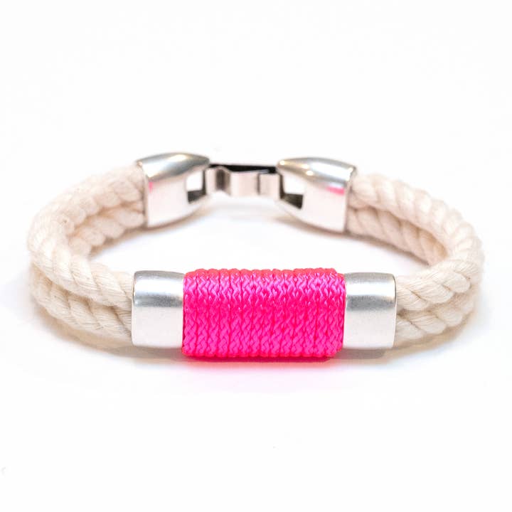 Allison Cole Jewelry - Wholesale Woven/Braided Bracelet - Tremont - Ivory/Neon Pink/Silver - Nautical Rope Bracelet0