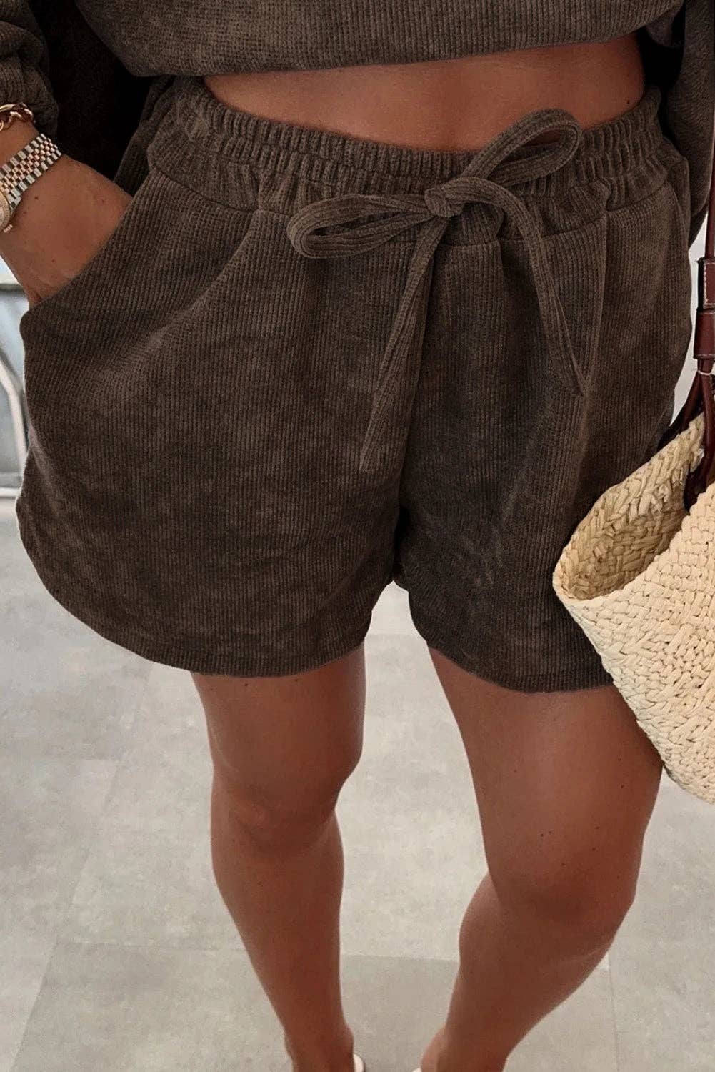 Lovesoft - Wholesale Loungeset - Dames - Fuchsia effen kleur gebreide trui met verlaagde schouder en trekkoord shorts set.7