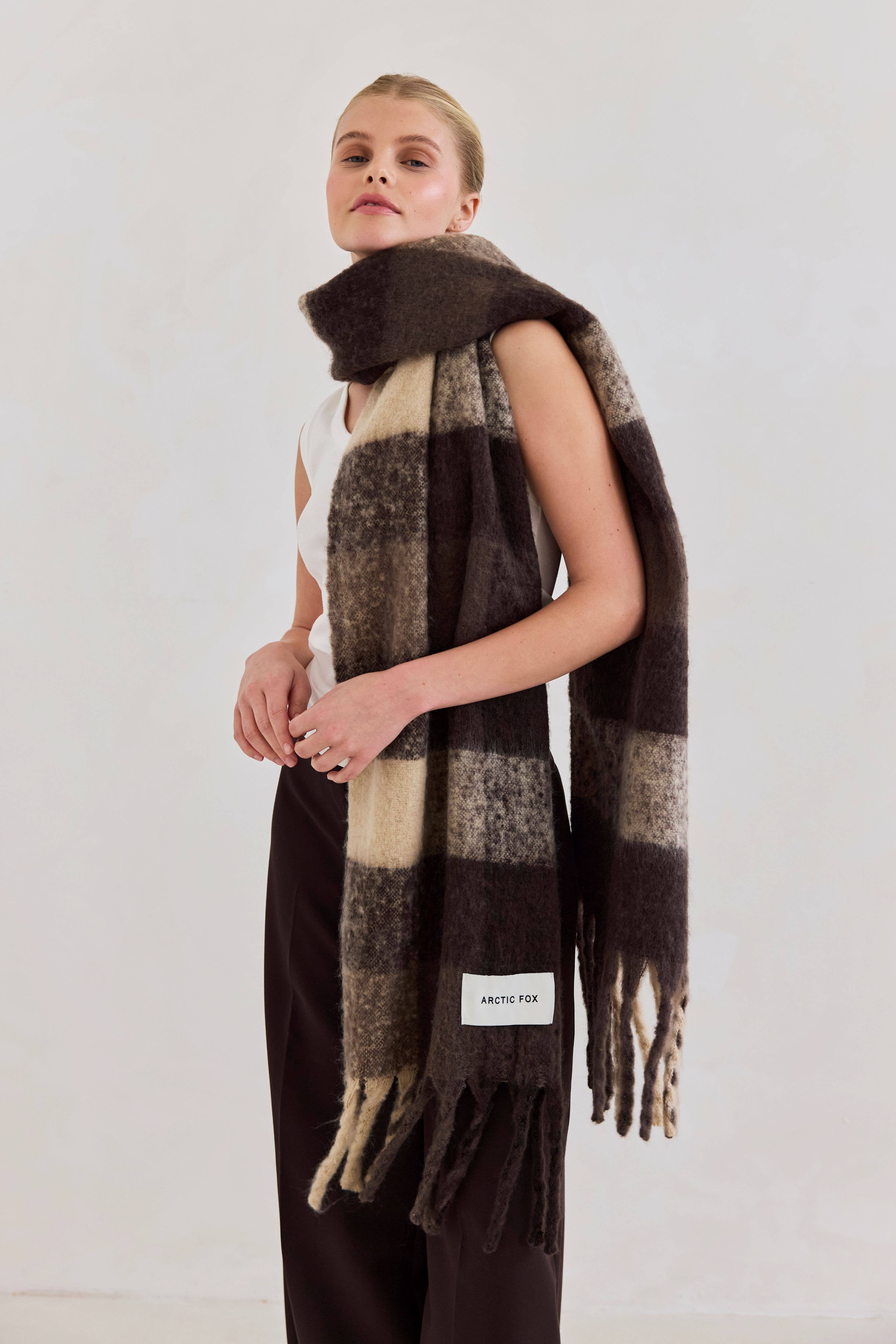 Arctic Fox & Co. - North America - Wholesale Scarf - Women's - The Reykjavik Scarf - 100% Recycled - Brown Check - FW259