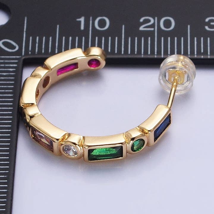 Silver, Gold Clear, Multicolor Baguette Round CZ Lined C-Shaped Hoop Earrings | AB807, AB821 AB829 for wholesale by Aim Eternal