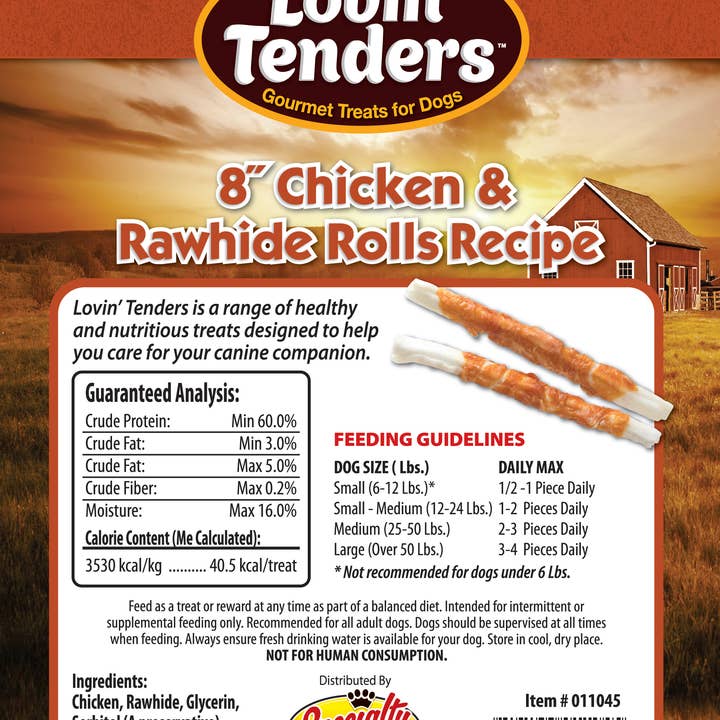 Lovin Tenders - Wholesale Pet Treats - Dog - Lovin' Tenders 8" Chicken & Rawhide Rolls, 6-Pk