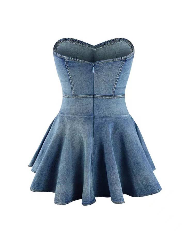 HIDDENBRAND - Wholesale Dress - Women's - Sweetheart Denim Bandeau Corset Pleated mini dress8