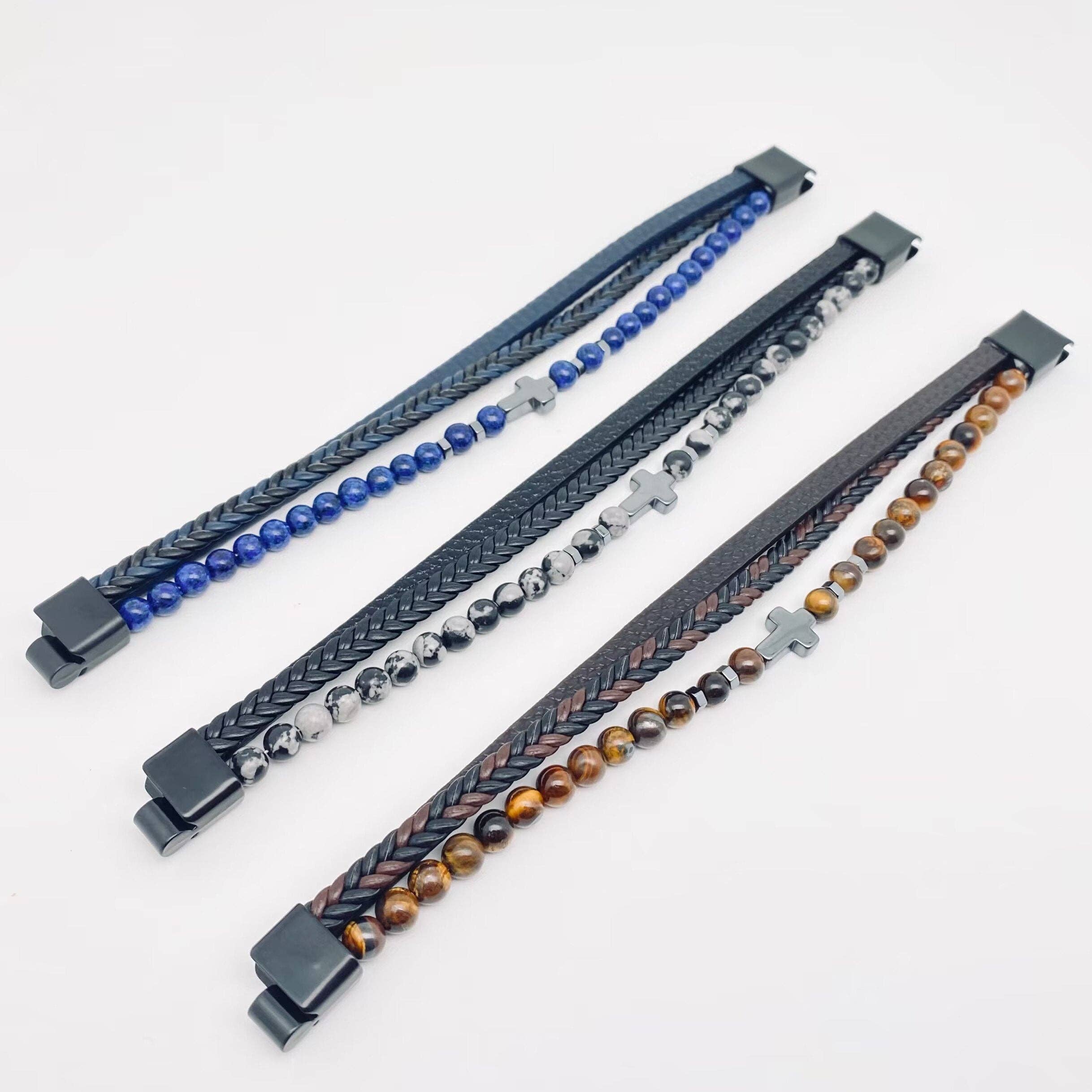 Mio Queena - Vente Bracelet jonc - Bracelet homme en cuir avec croix et perles en pierre naturelle - MJ/BC3