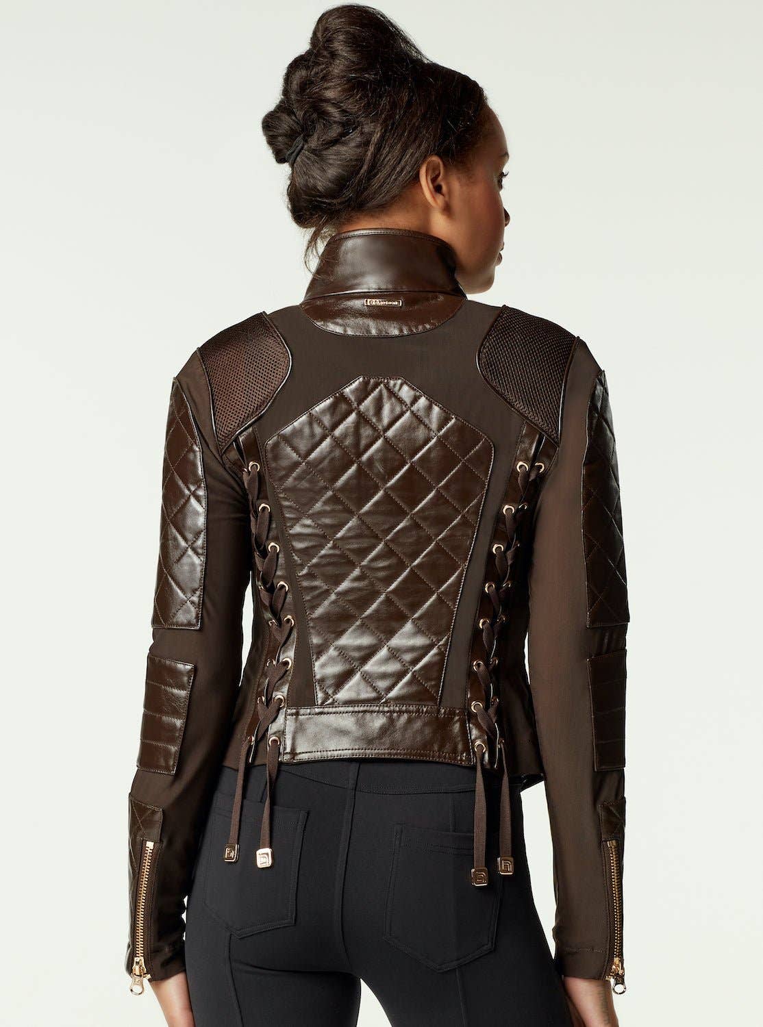 Java Leather Moto Mesh Jacket - Brown/Gold Trims for wholesale on Faire4