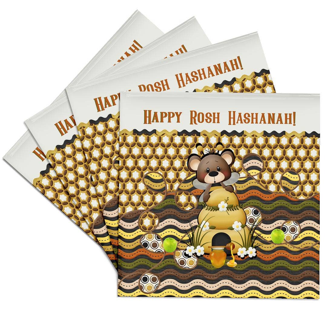 3dRose - Vente Sous-verre - 3dRose, Image d'un ours abeille de Rosh Hashanah, nid d'abeilles, pommes, pot et ruche, dessous de verre0