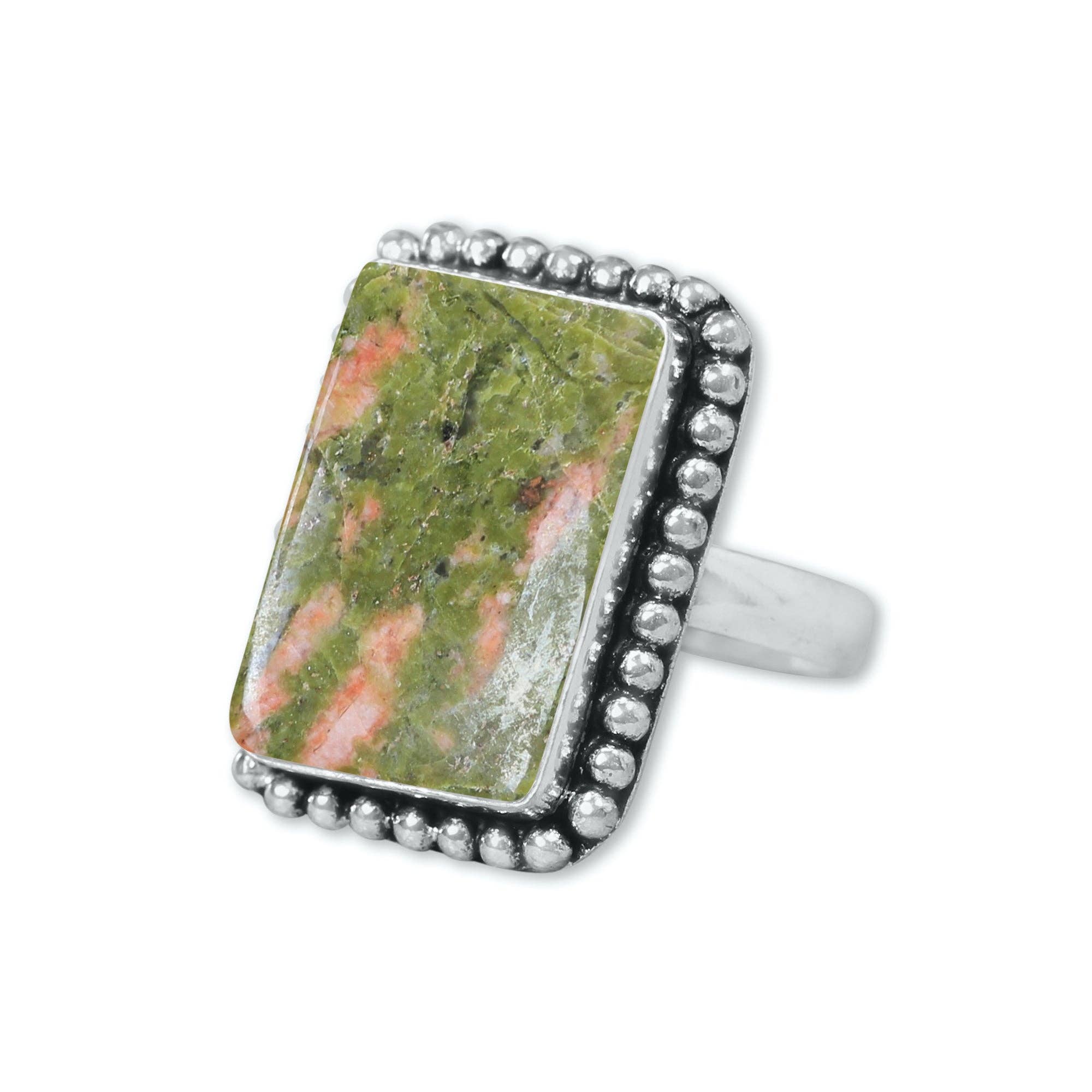 Handmade Jewels - Vente Bague de cocktail/de cérémonie - Bagues en unakite – Fait main, plaqué argent, rose-vert terreux (fabriqué sur commande)2