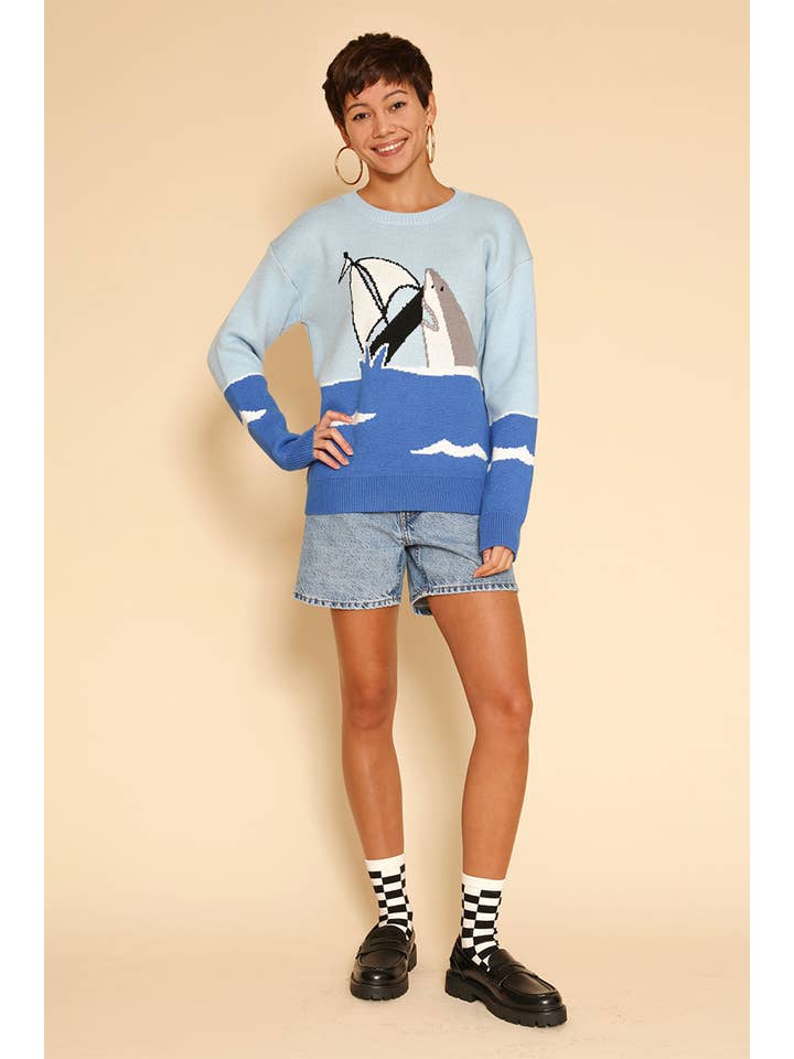 Blue multi Shark attack knit sweater for wholesale on Faire3