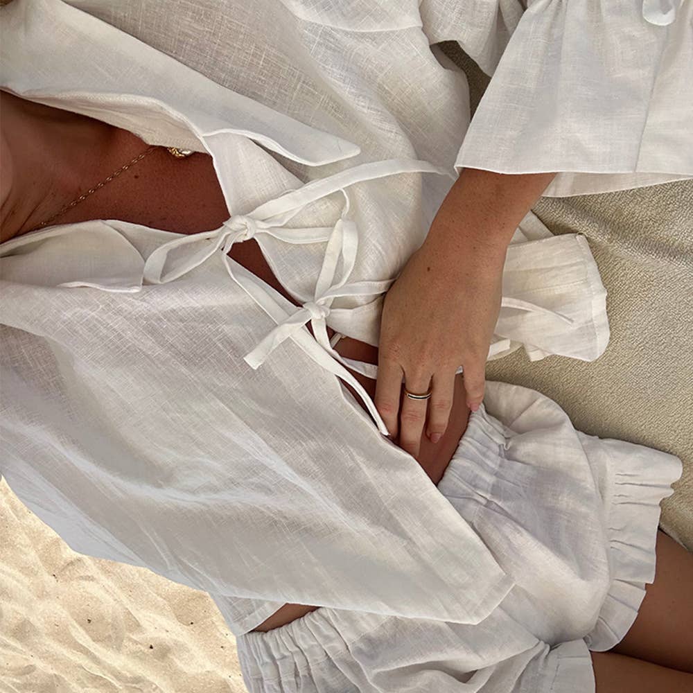 alberalkirk - Wholesale Top & Short Set (NOT Loungewear) - Women's - Linen Cotton Tie-Waist Shirt & Shorts Set N25Z1472