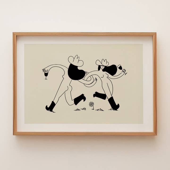 Frolicking Cowgirls With Wine Minimal Western Art Print for wholesale by Tumbleweed Design Studio
