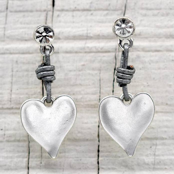 Smooth heart drop earrings with leather on a crystal stud for wholesale by Tempest Designs
