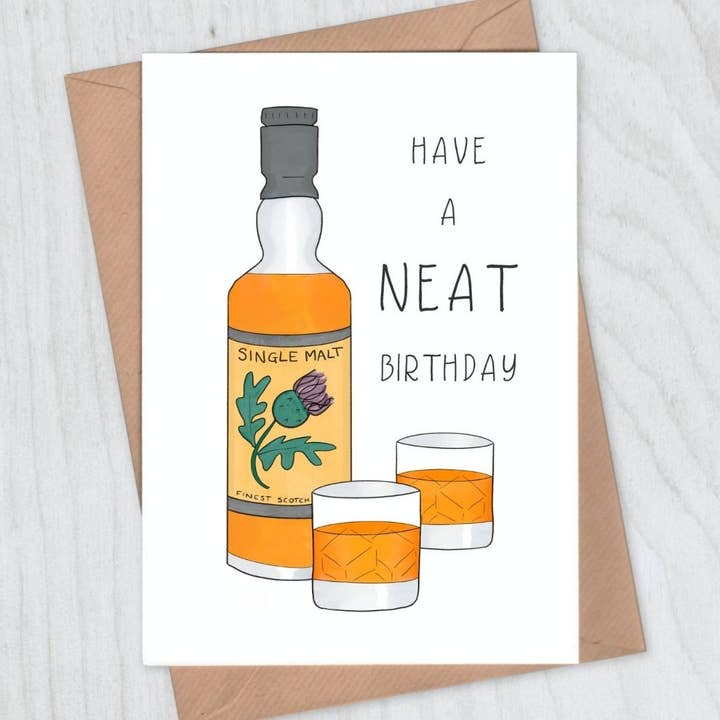 Whisky Neat Birthday Card for wholesale by Lou Longworth