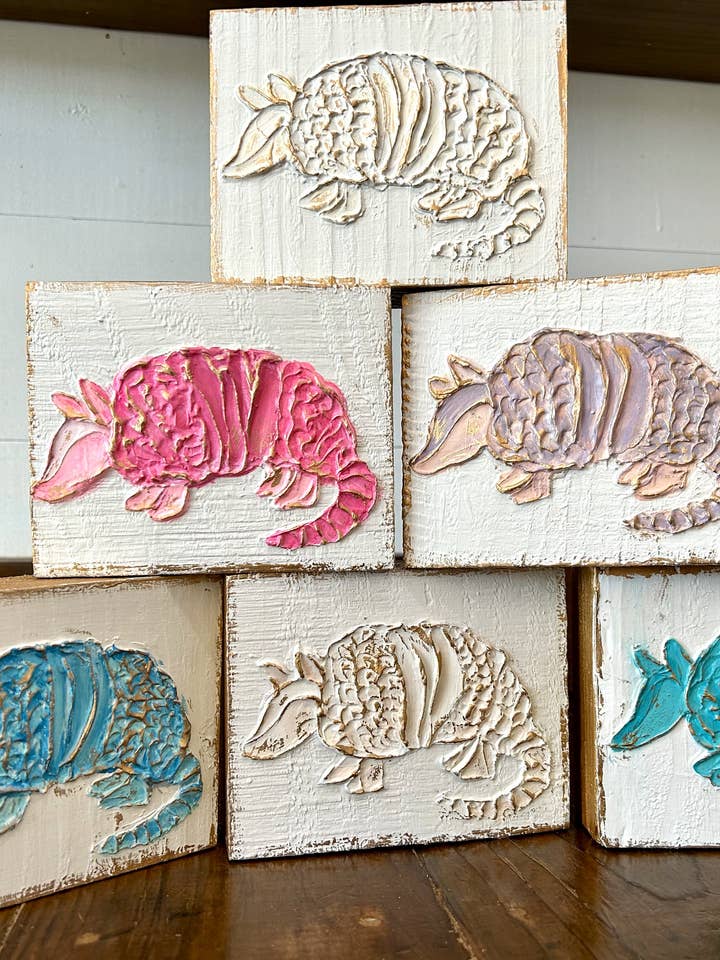 4x5 Armadillo painted textured wood block Southwest mascot for wholesale by Coddiwomple