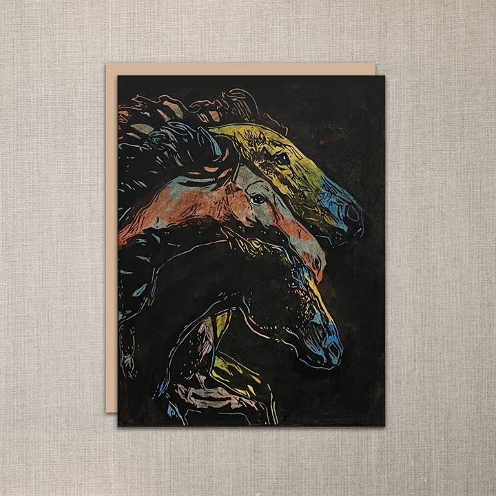 "Mustang Trio" Horse Notecard - Colored for wholesale by Laughing Mule Press
