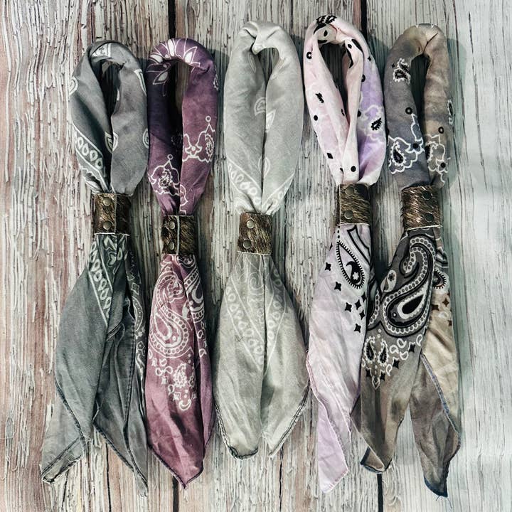 Boots Are My Roots - Wholesale Bandana – Women's - Purple & Grey Hand Dyed Bandanas with Leather Slides