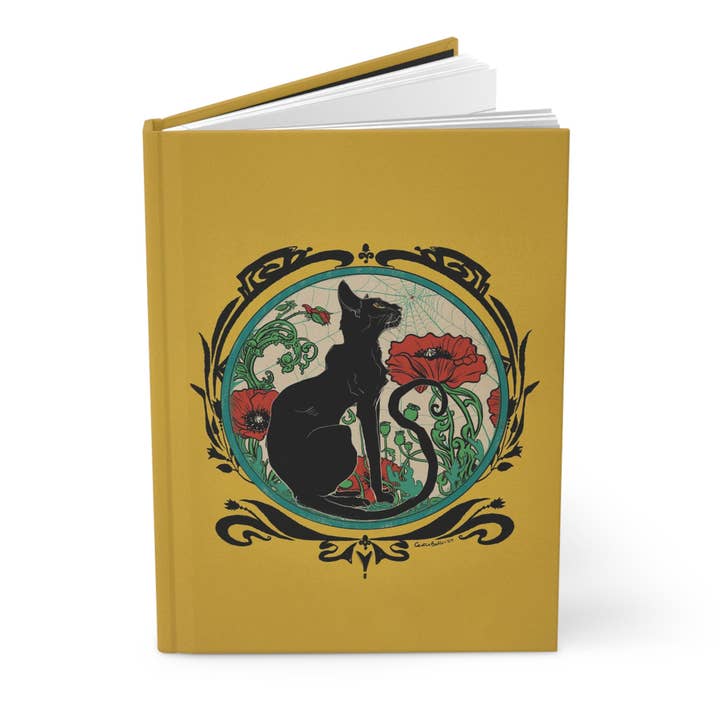 Chat Noir with Poppies on Yellow Matte Hardcover Journal for wholesale by Asunder Bazaar