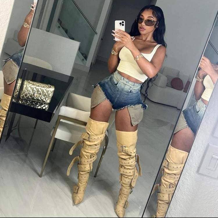 blue gradient color design denim shorts for wholesale on Faire1