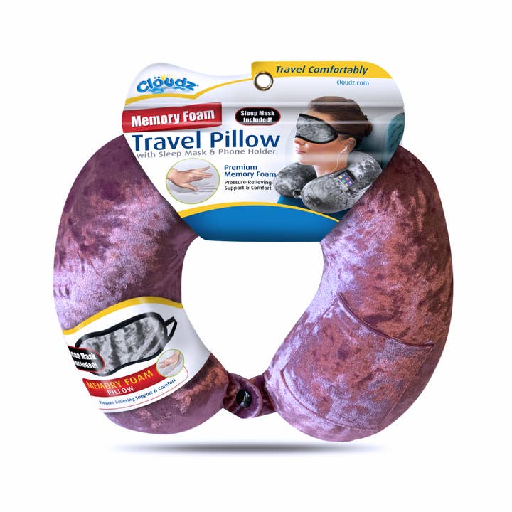 Cloudz - Wholesale Travel Pillow - Cloudz Crushed Velvet Memory Foam Travel Neck Pillow- Purple