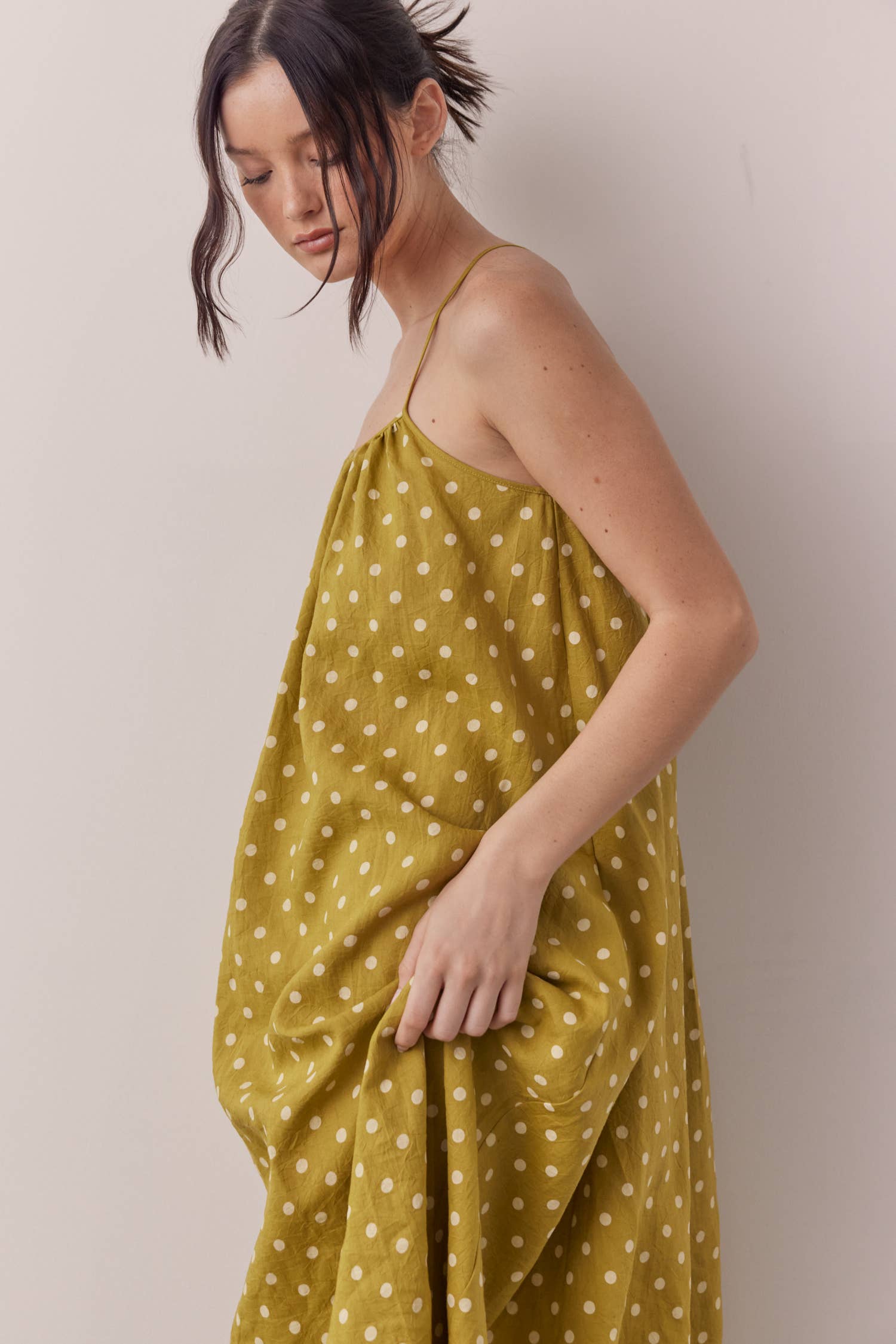 Moss Linen Polka dot back tie ankle dress for wholesale on Faire6