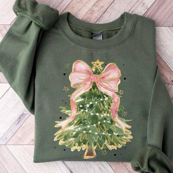 Lasting Impressions CT - Wholesale Graphic Sweatshirt - Women's - Wholesale Christmas Tree Coquette Pink Bow Sweatshirt