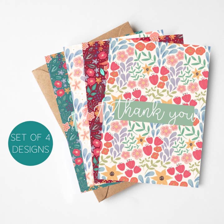 A6 Set of 4 Floral Thank You Cards - Wildflower Patterns for wholesale by Ditsy & Stitch