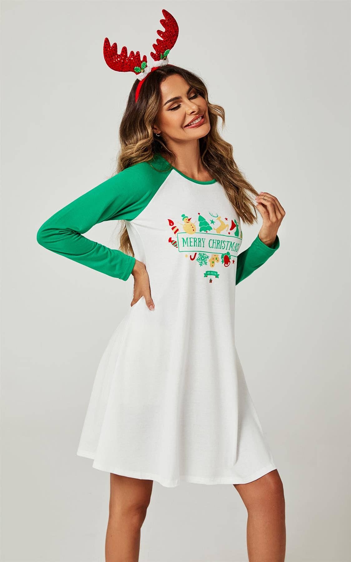 FS Collection – wholesale Nightgown – Women’s – Christmas Nightgown Holiday Sleepwear Mini Dress In White & Green2