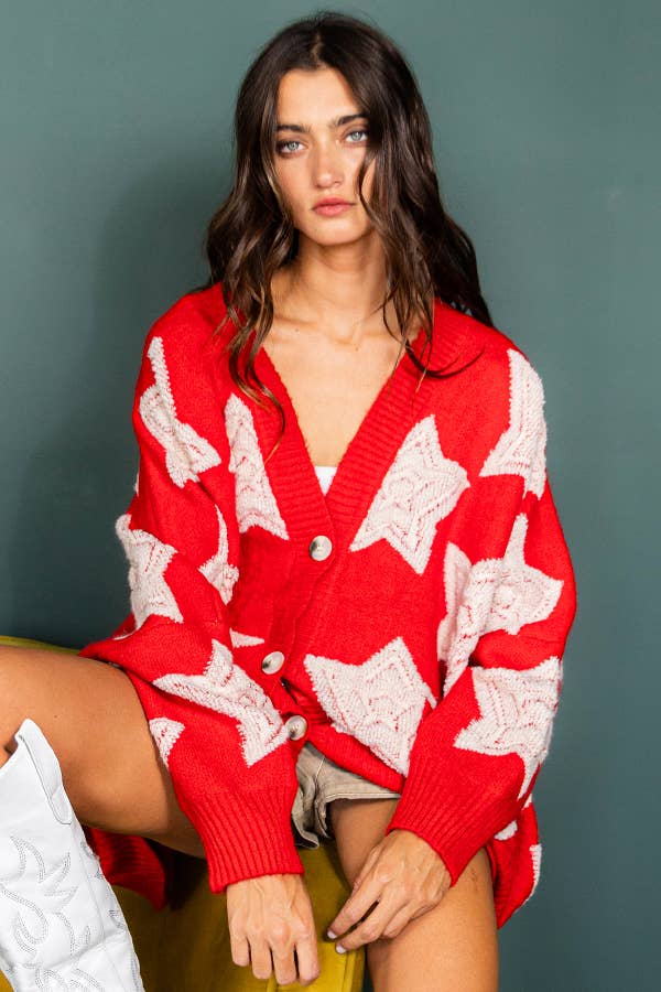 BUCKETLIST INC - Wholesale Cardigan - Women's - IT1670 Oversized Star Pullover Sweater Cardigan6