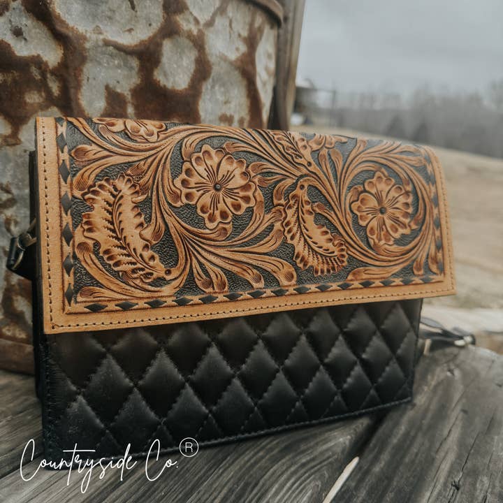 Texas Western Cowhide Bags and More - Wholesale Crossbody Bag - Women's - Quilted Leather Purse with Tooled Leather