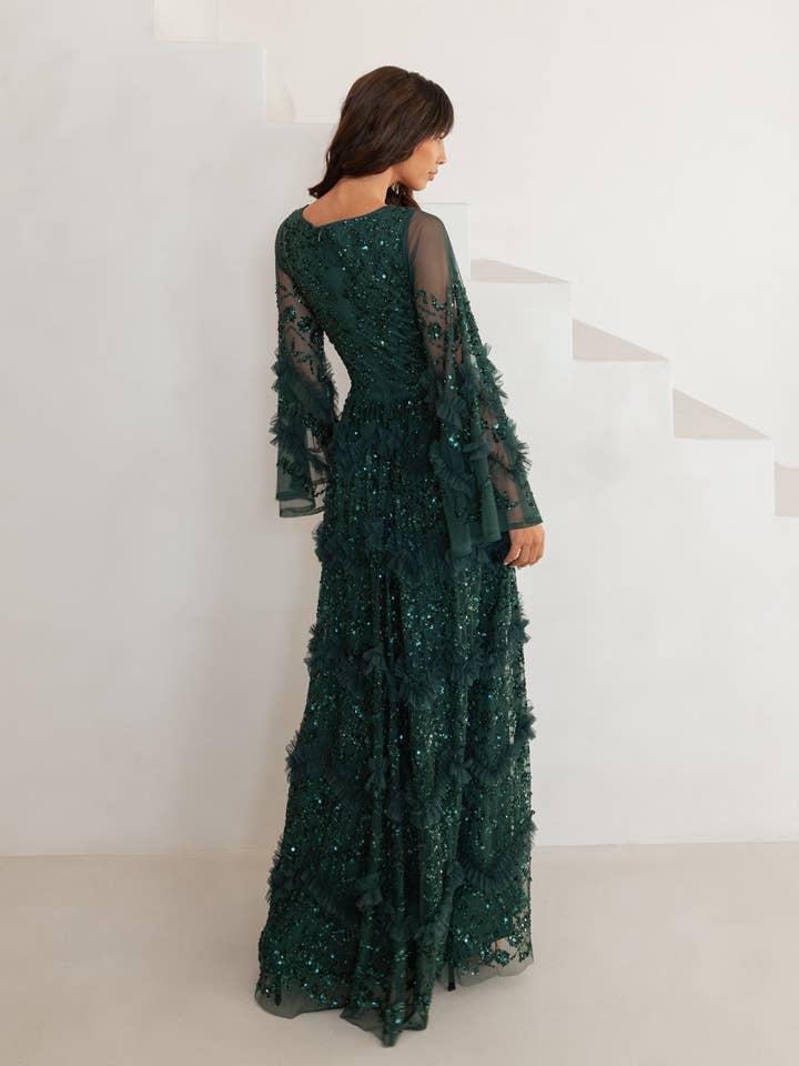 Maya Emerald Fully Embellished Maxi Dress with Frill Detail for wholesale by Plaza Collection Ltd
