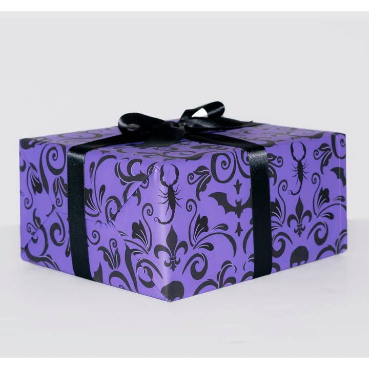 Spooky Cat Press - Wholesale Wrapping Paper Roll - Skull Damask Gift Wrap - Purple (8ft Roll)