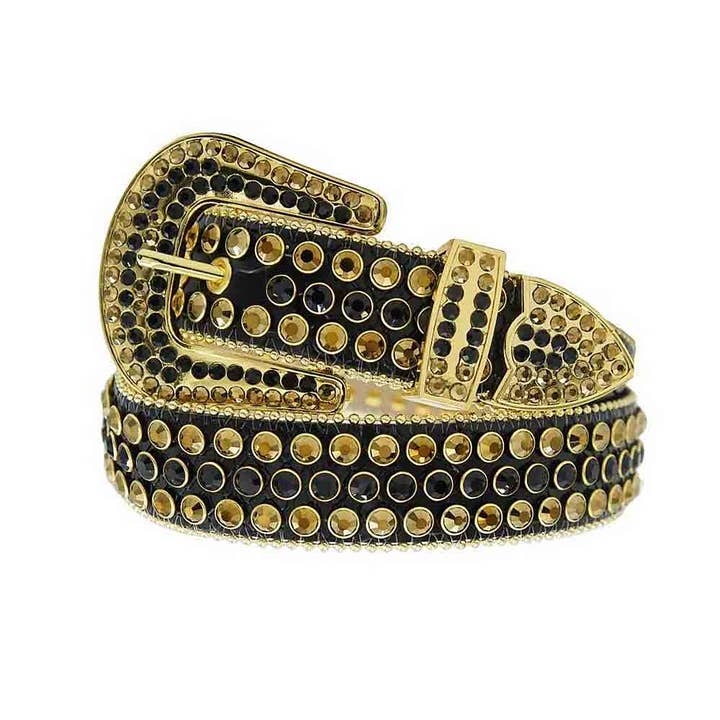 Black Strap With Black & Gold Studded Rhinestone Belt for wholesale by Rhinestone Belt Store