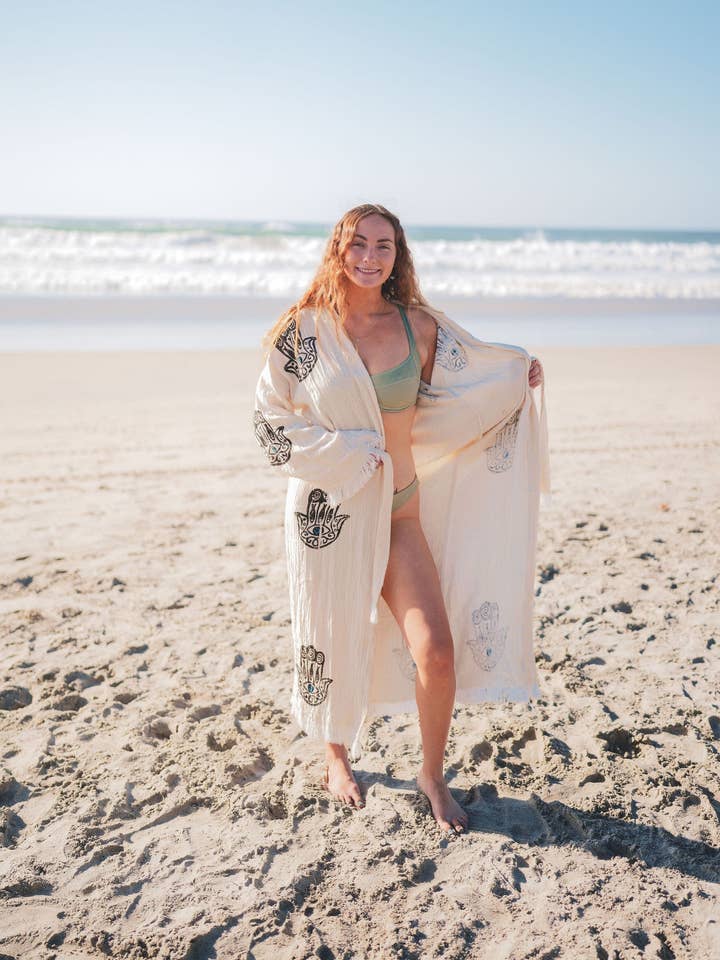 Basic Layers - Wholesale Robe - Women's - MUSLIN COTTON KIMONO BATHROBE HAMSA HAND PRINT4
