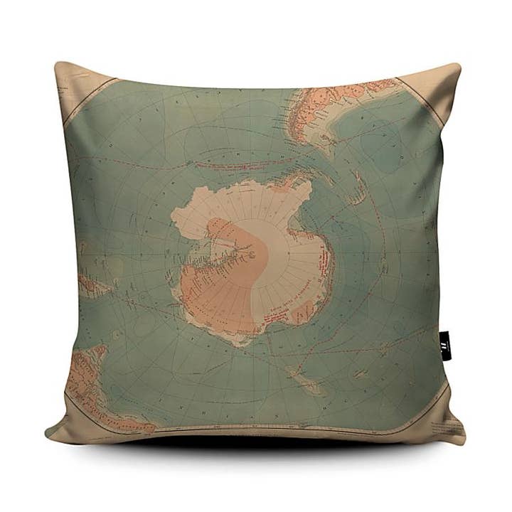 Antarctica vintage sea chart map Cushion for wholesale by Hannah Wisdom Textiles