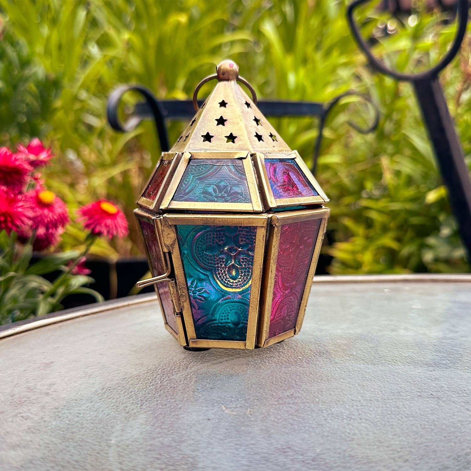 In the Breeze, LLC. - Wholesale Candle Holder - Mini Teal & Pink Hex Glass Tealight Lantern1