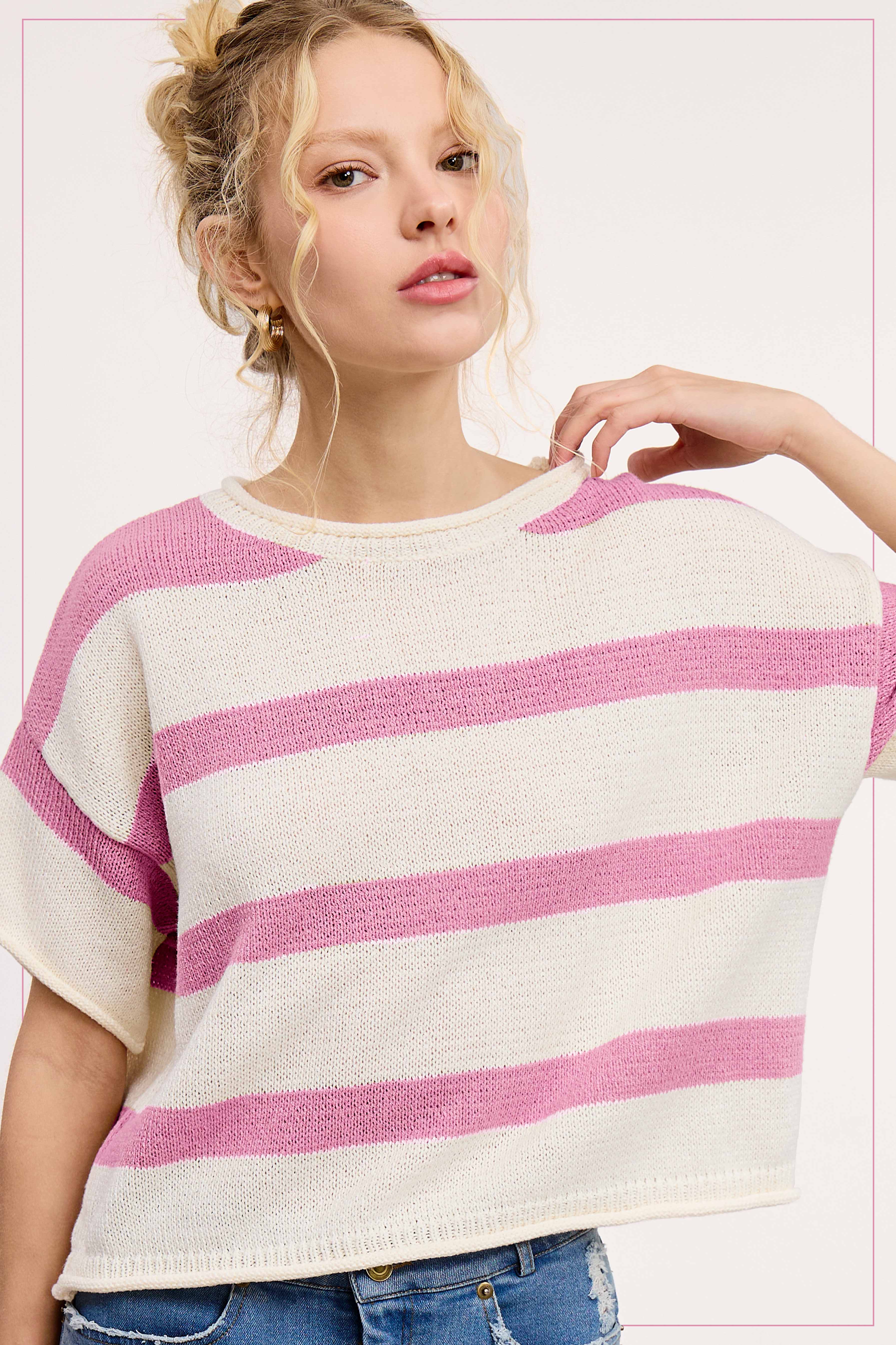 La Miel - Vendita all'ingrosso Maglione tricot - Donna - MCS3579-Boxy Silhouette Maglione Leggero A Righe10