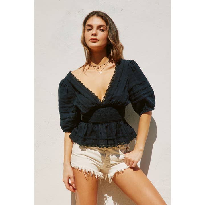 Dress Forum - Wholesale Blouse - Women's - Lacy Cotton Jacquard Smocked Waist Peplum Top