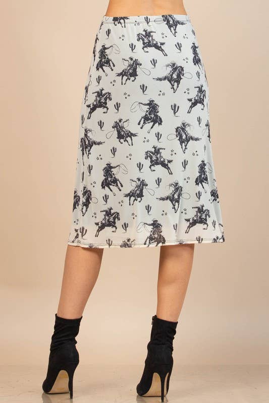 Brown AV1260-IRINA WESTERN COWBOY PRINT MESH MIDI SKIRT for wholesale on Faire10