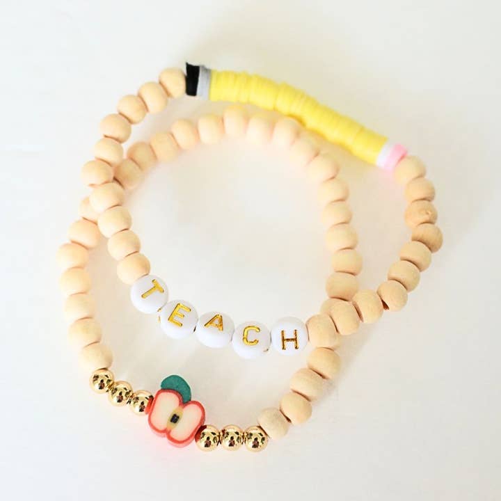 Two and Crew - Wholesale Beaded Bracelet - Natural Wood Bead Teacher apple charm Bracelet Stack