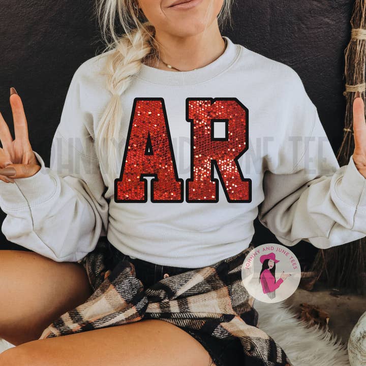 Johnny and June Tees - Wholesale Graphic Sweatshirt - Women's - Arkansas Faux Sequin Gameday Sweatshirt, WPS, Fayetteville