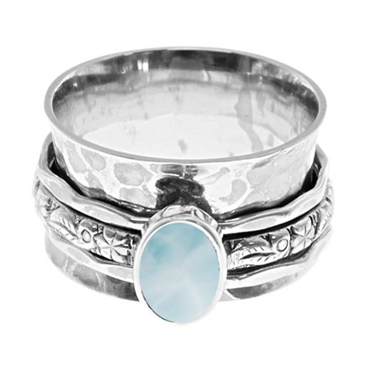 Bague tournante Catalina florale à triple bande en larimar pour la vente par Kali Ma Designs - Sterling Silver Jewellery