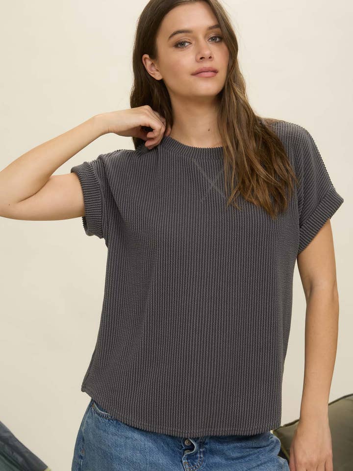 Blu Pepper - Wholesale Knit Top - Women's - RIBBED CREW NECK SHORT CUFF SLEEVE KNIT TOP