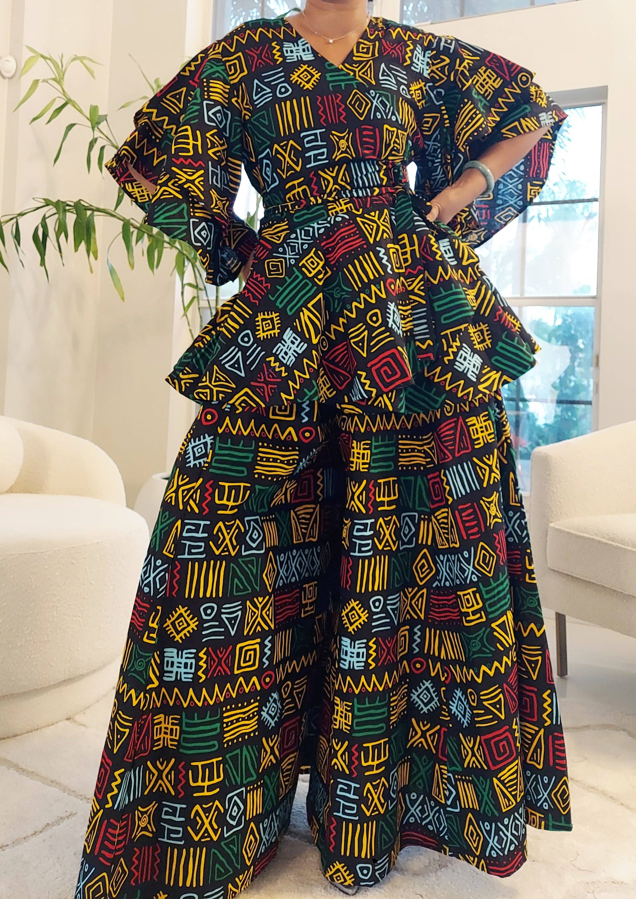 India Batik - Vente Ensemble haut et pantalon (PAS d'intérieur) - Femme - Pantalon Palazzo et chemisier cache-cœur - Noir/Rasta9