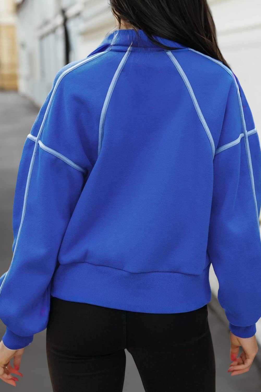 Bleu Ciel Sweat-shirt chic uni à boutons avec col et coutures apparentes | S-XL en vente sur Faire1