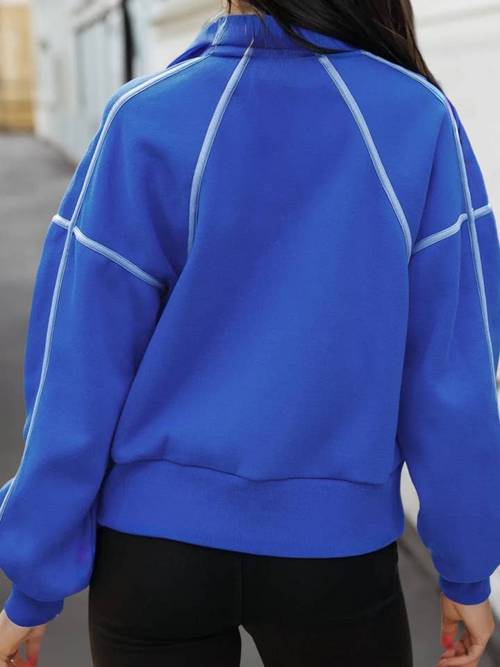 Bleu Ciel Sweat-shirt chic uni à boutons avec col et coutures apparentes | S-XL en vente sur Faire1