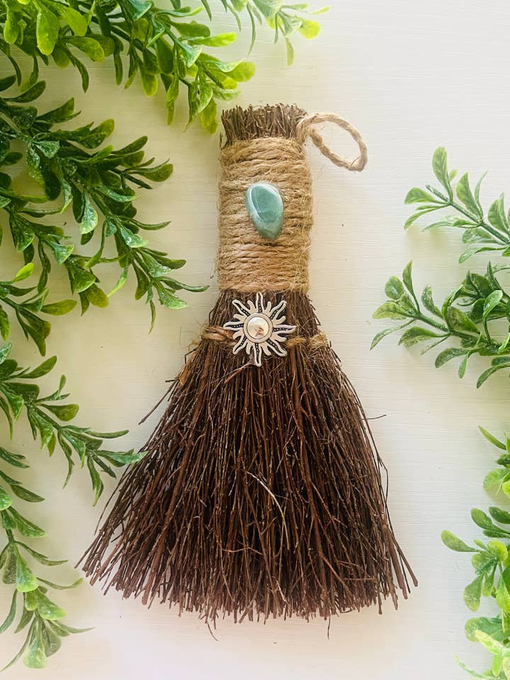 Green Aventurine Witch's Cinnamon broom with Sun Charm for wholesale by Moonsence