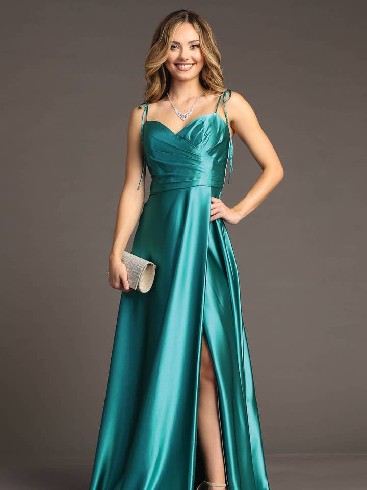 Chicas - Wholesale Gown - Women's - Long Satin Dress With Tie on Straps and Slit 981121