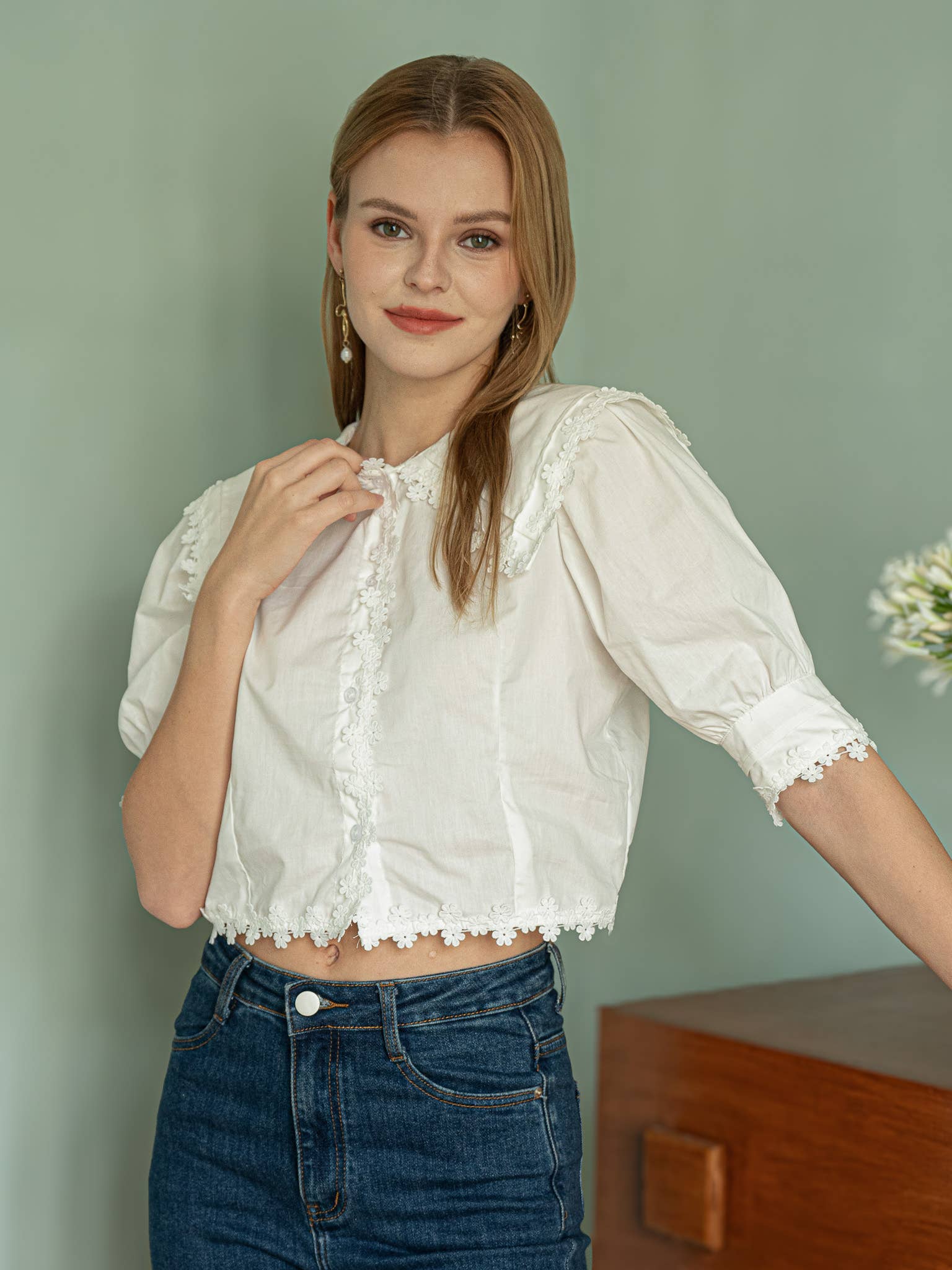 ROSIE POSIE - Venta al por mayor Blusa - Mujer - Blusa vintage con encaje floral y mangas abullonadas6