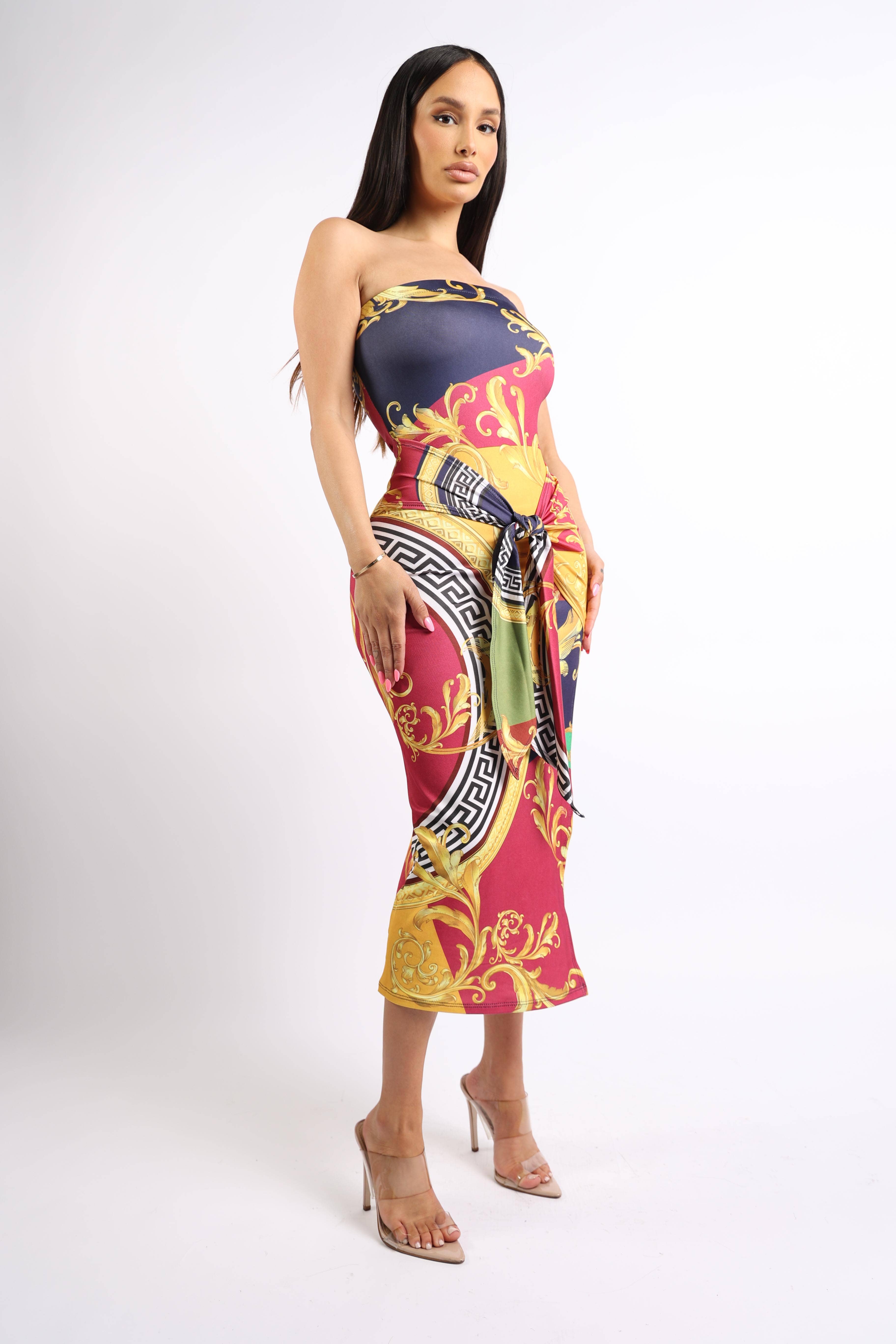 MULTI Abito a tubino stampato con allacciatura frontale e spacco in vendita all'ingrosso su Faire2