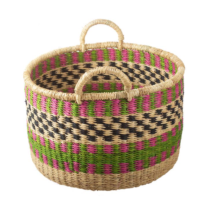 Basket elephant grass round green pink large for wholesale by Kitsch Kitchen