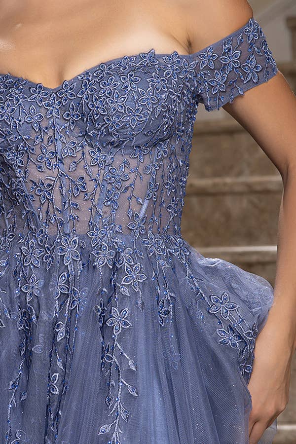 Babyfox Apparel – Vestido comprido - Mulher por atacado – Vestido de Linha A com Decote Ombro a Ombro e Bordado4