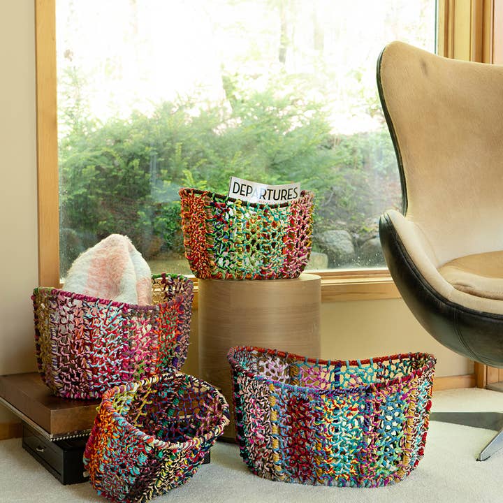 India Handicrafts Inc - Wholesale Basket - Colorful Tall Jute Baskets, Set of 42